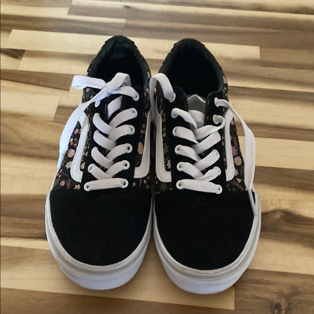 Black and White Vans shoes with Floral Pattern